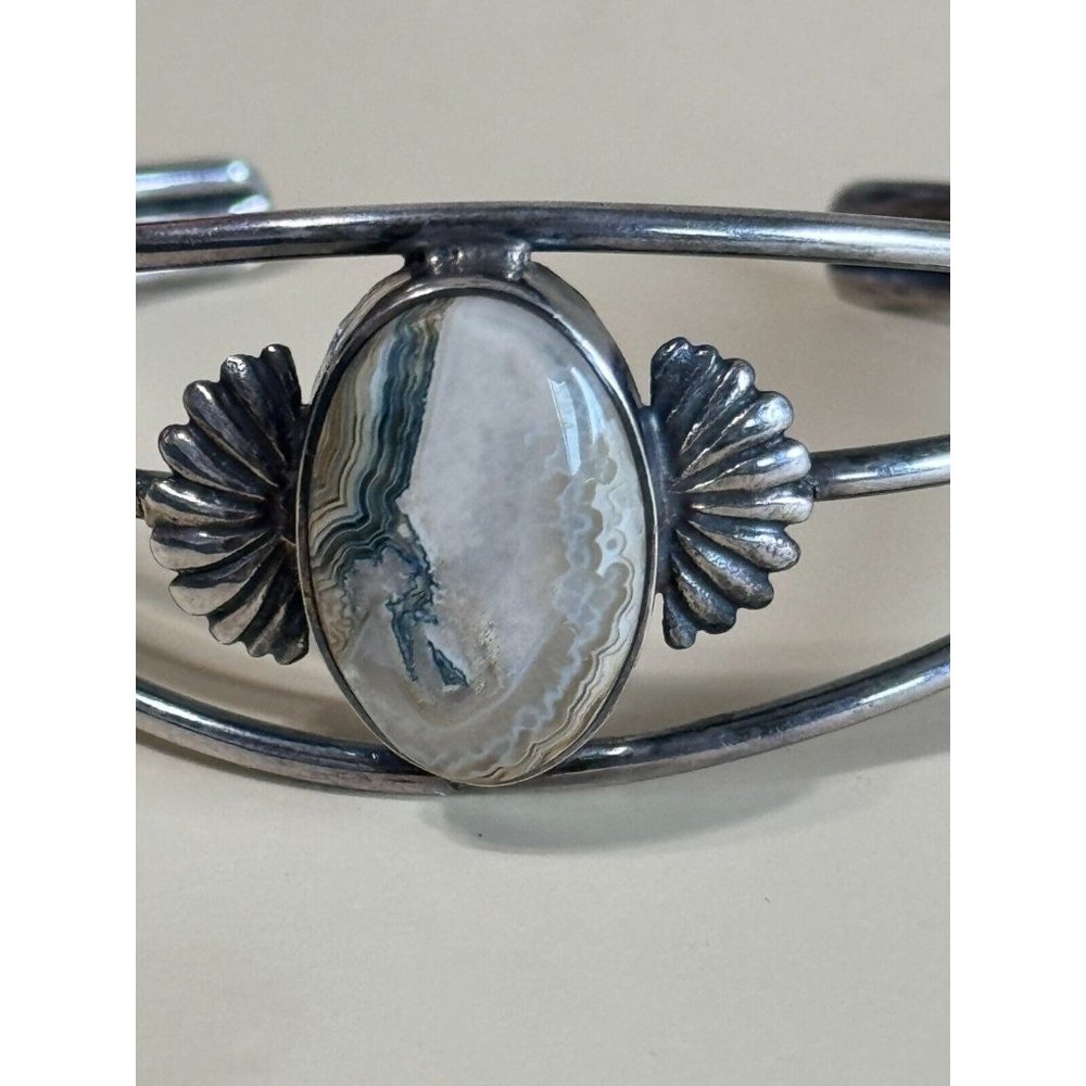Vintage GFMW Sterling Silver Green Lace Jasper Cuff Bracelet 6 1/4' - Picture 4 of 11